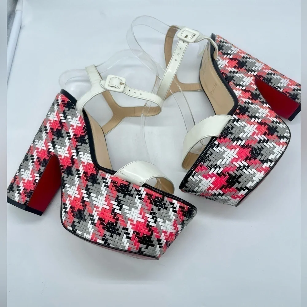Christian Louboutin Rare bella platform sandal white leather strappy tweed 41